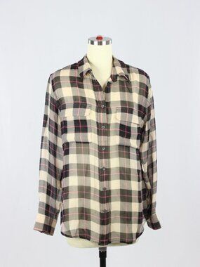 EQUIPMENT Slim Signature Plaid Check 100% Silk Chiffon Button Up Shirt, Size S